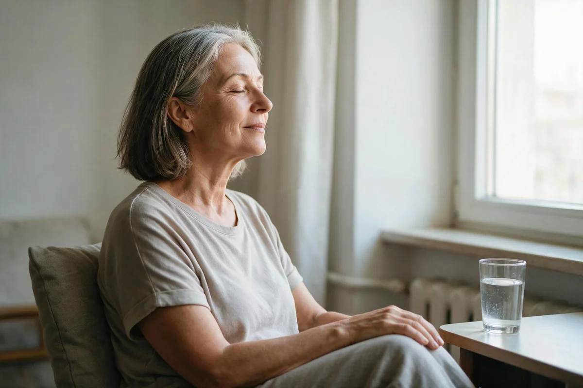 Woman over 50 relaxing in a chair by the window with a glass of water after her morning routine