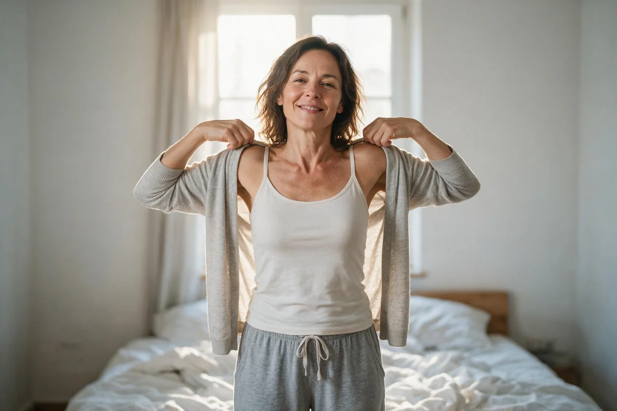 Smiling woman over 50 getting dressed by a sunny bedroom window at the start of her morning routine