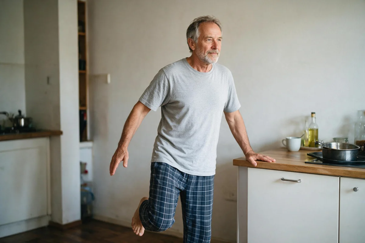 Senior man practicing a counter-supported balance exercise, lifting one knee in his kitchen