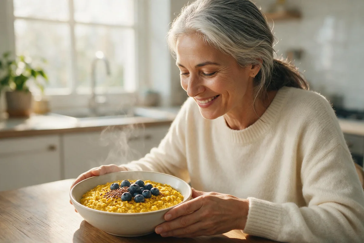 Woman enjoying a bowl of turmeric oatmeal with berries at a sunlit kitchen table