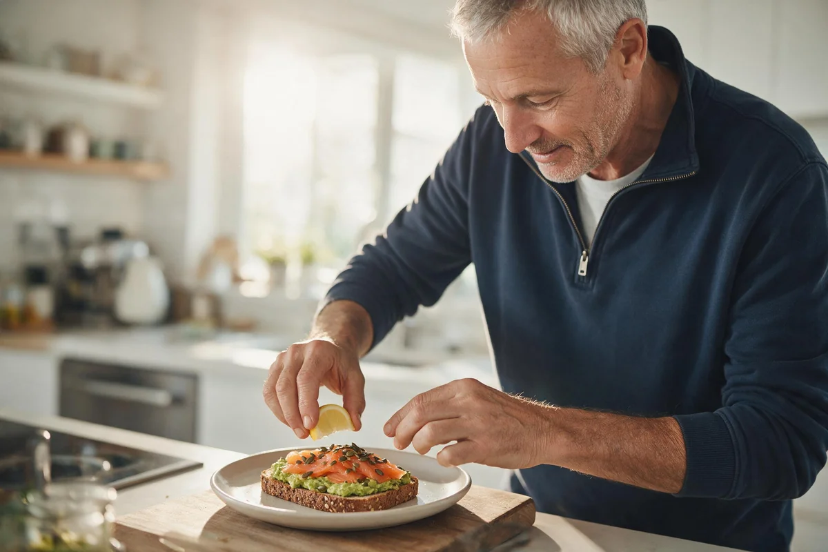 Man plating smoked salmon avocado toast with pumpkin seeds in a bright kitchen