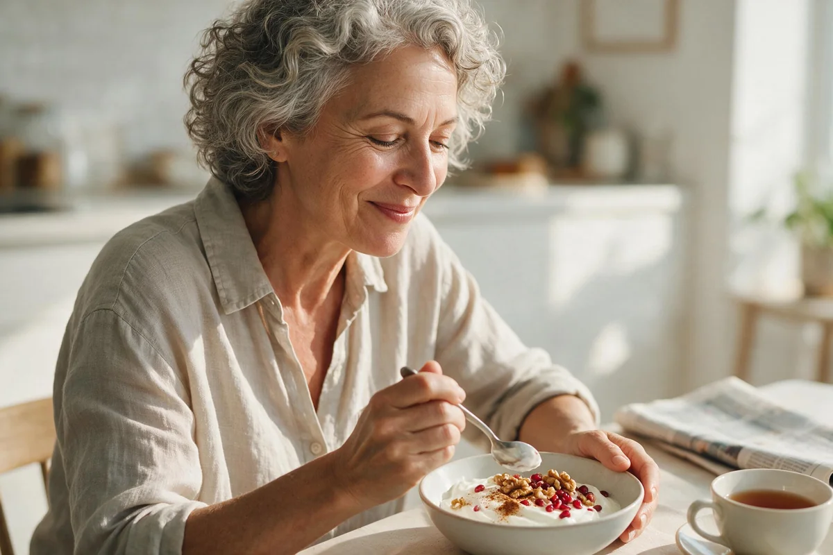 Woman enjoying a Greek yogurt bowl with walnuts and pomegranate at breakfast