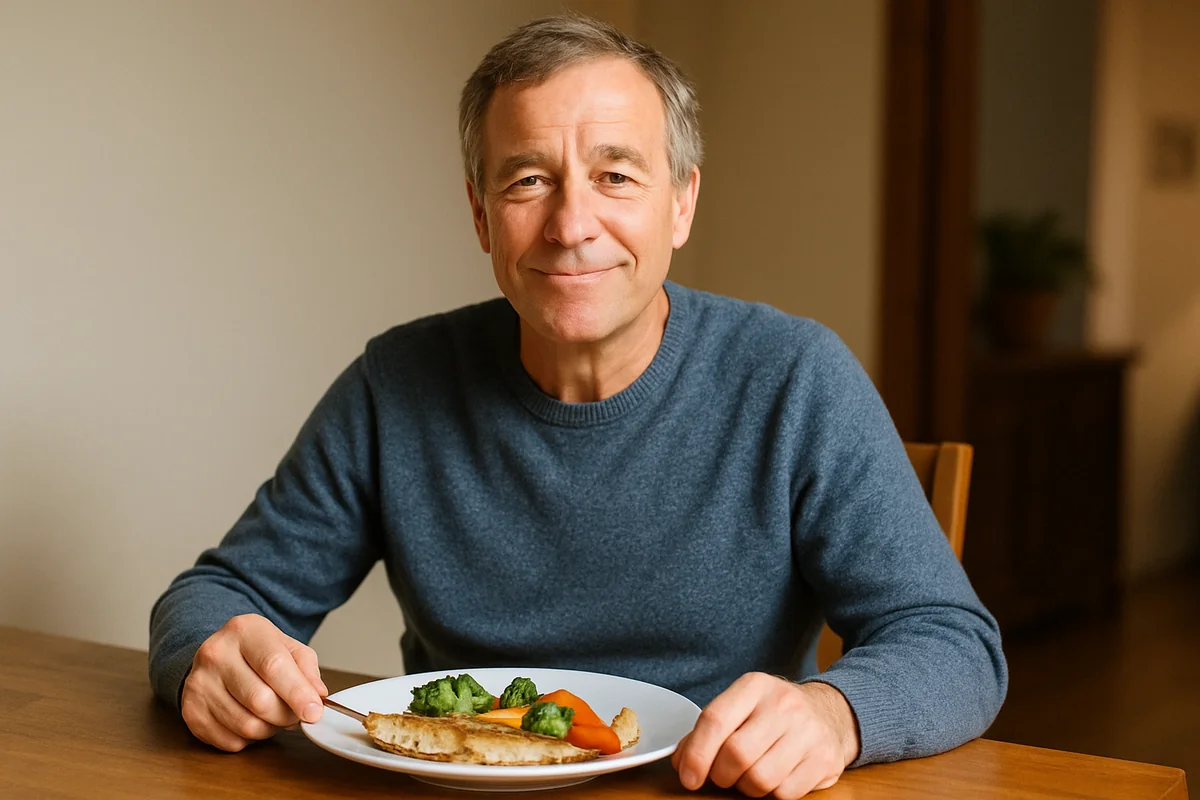 Senior man smiling at the table while enjoying a balanced anti-inflammatory meal with vegetables