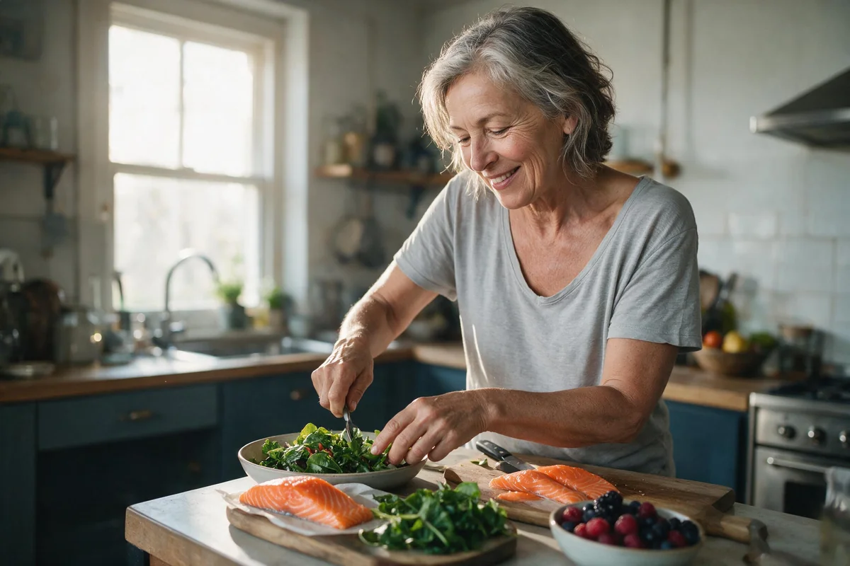 Smiling senior woman preparing a fresh salmon and leafy greens meal in her kitchen