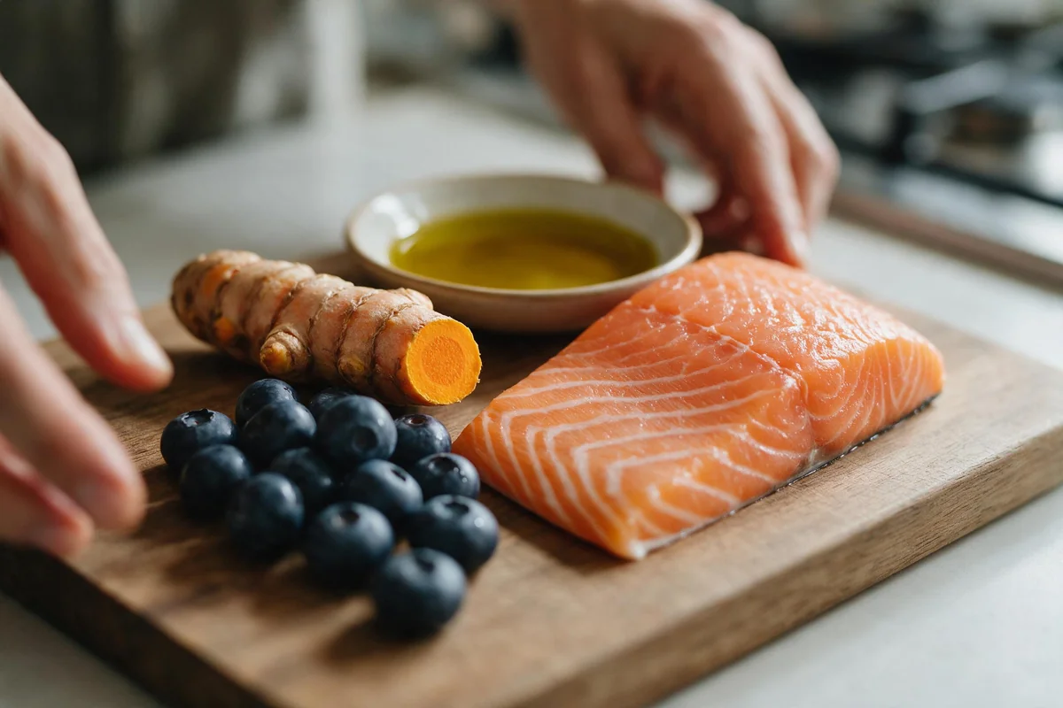 Anti-inflammatory ingredients on a cutting board: fresh salmon, turmeric root, blueberries, and olive oil