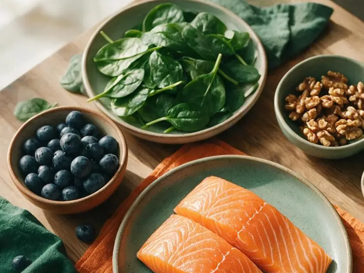 Overhead view of anti-inflammatory foods including salmon, blueberries, spinach, walnuts, and olive oil on a wooden table