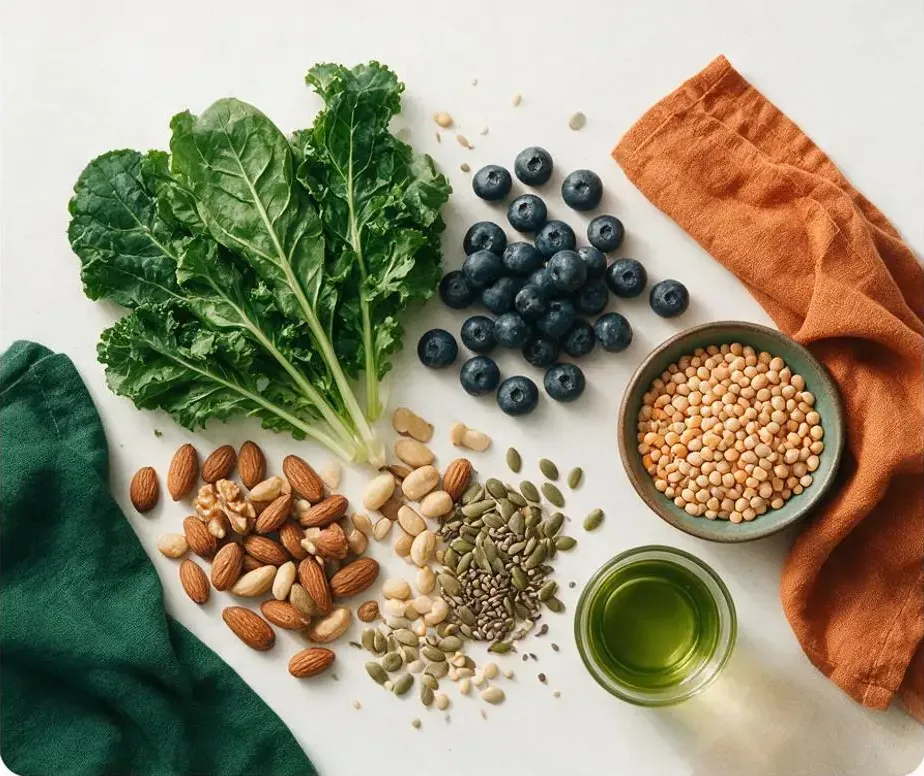 Flat lay of anti-inflammatory foods for weight loss including leafy greens, berries, nuts, seeds, and legumes