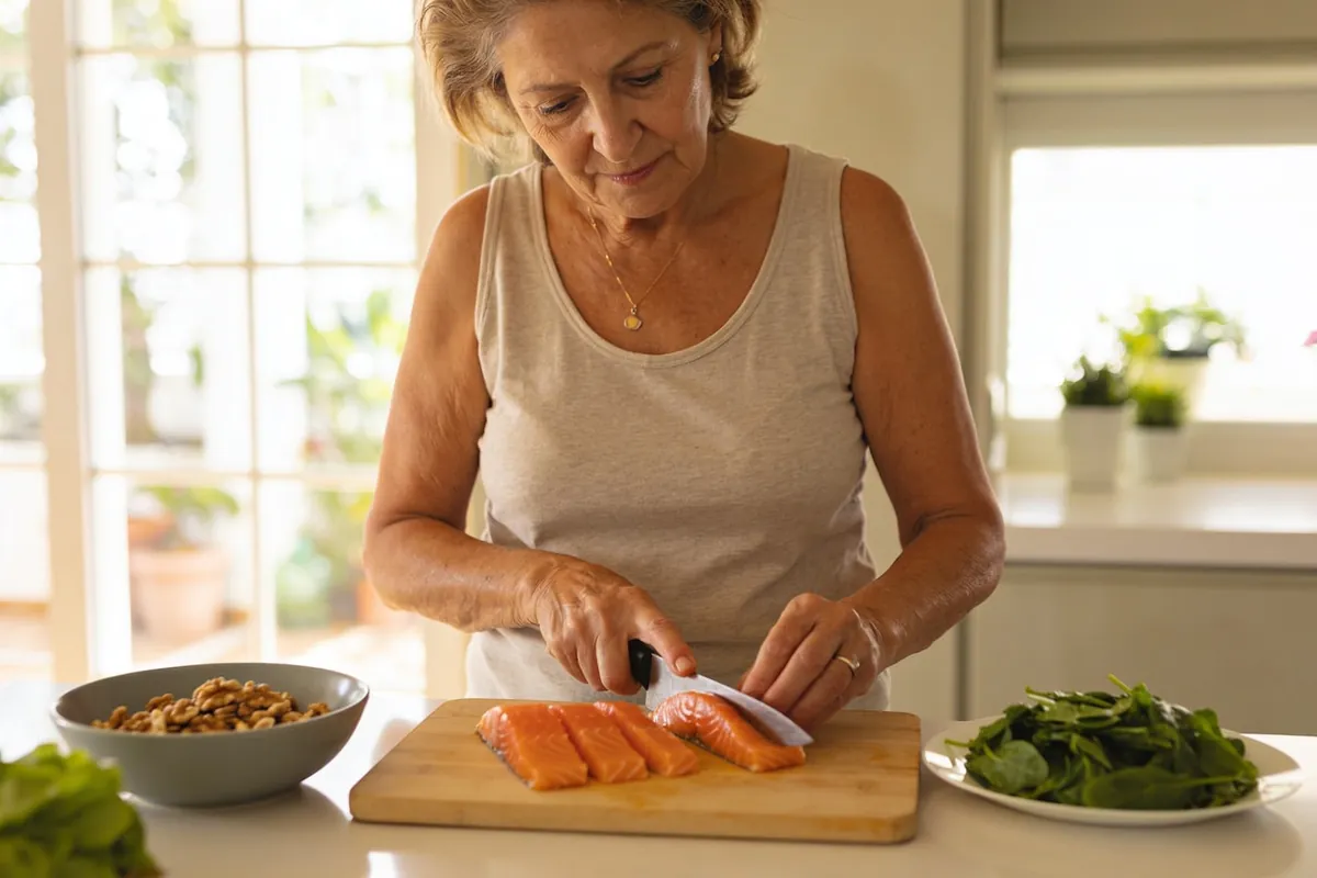 Colorful anti-inflammatory foods including fatty fish, berries, and leafy greens on a table