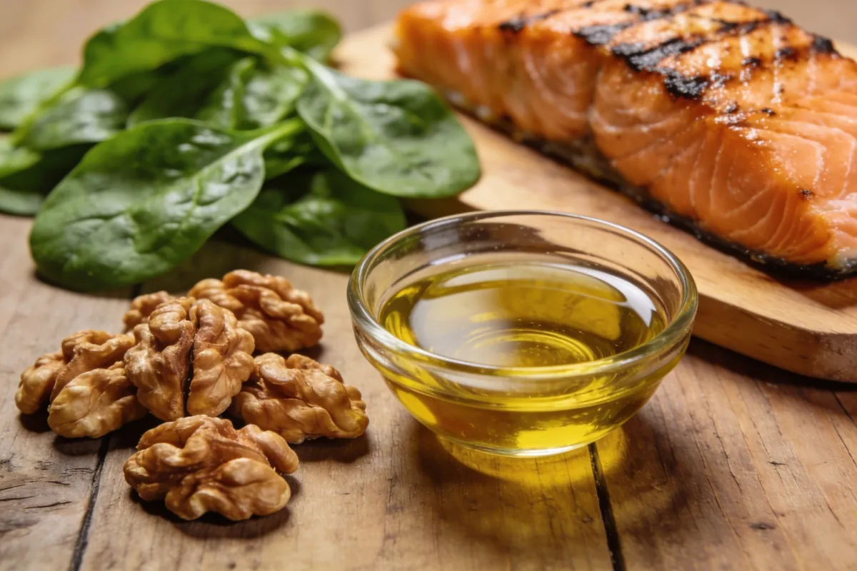 Colorful anti-inflammatory foods including fatty fish, berries, and leafy greens on a table - supporting image