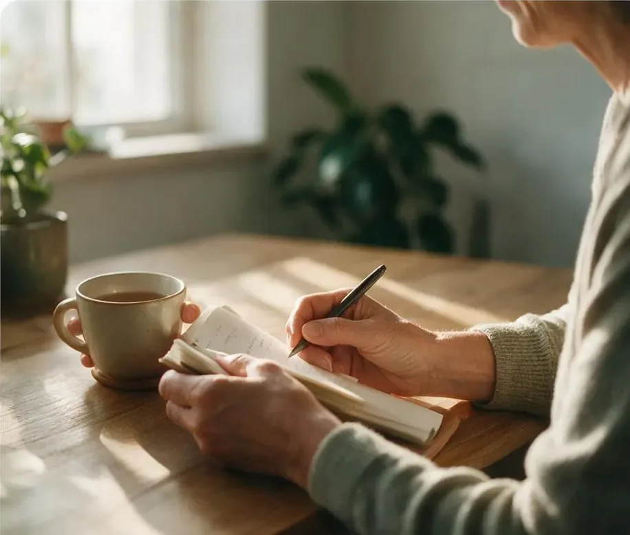 Person in their 60s reviewing a health journal with tea, reflecting a calm approach to monitoring weight loss progress