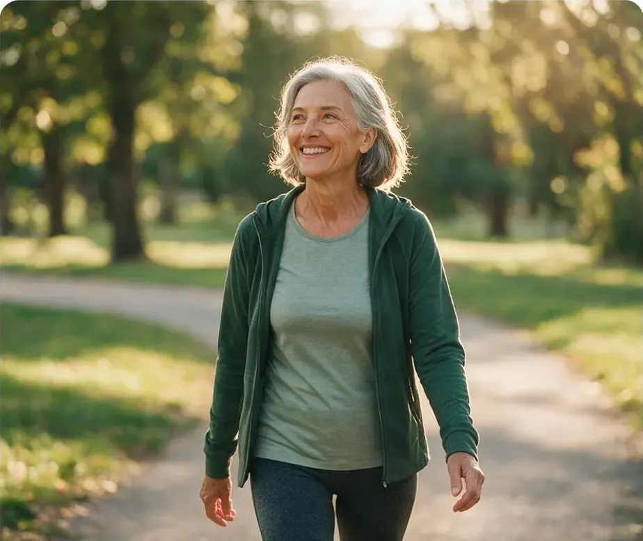 Active woman in her 60s walking outdoors as part of a healthy anti-inflammatory lifestyle
