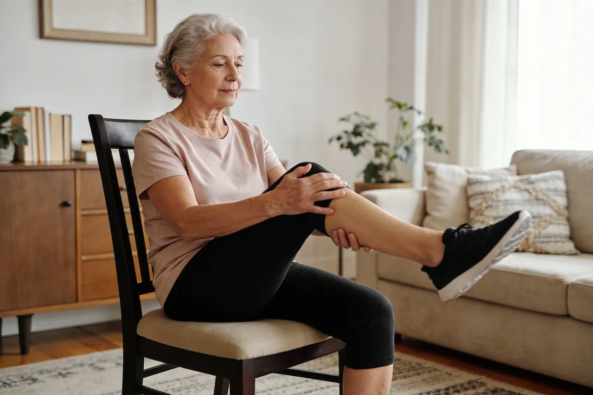 Senior doing gentle range-of-motion exercise for arthritis relief at home