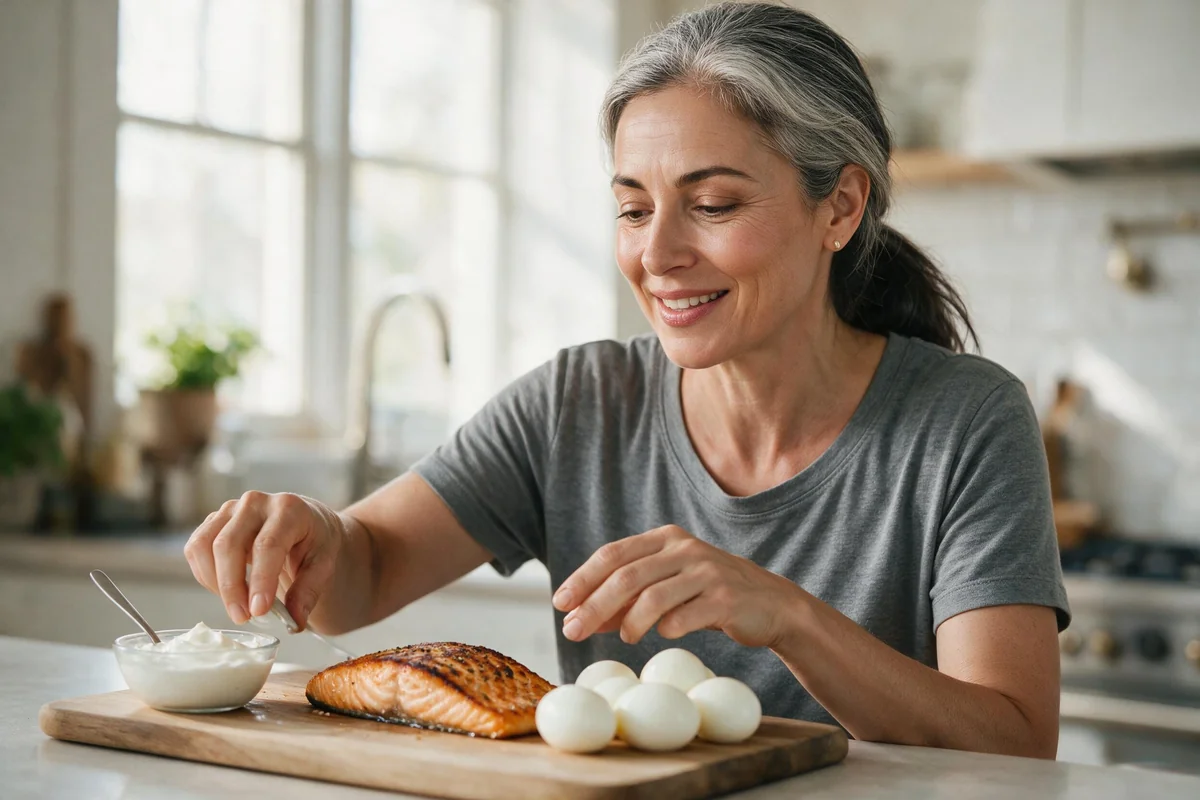 Woman over 50 preparing a high-protein meal with salmon and eggs in her kitchen