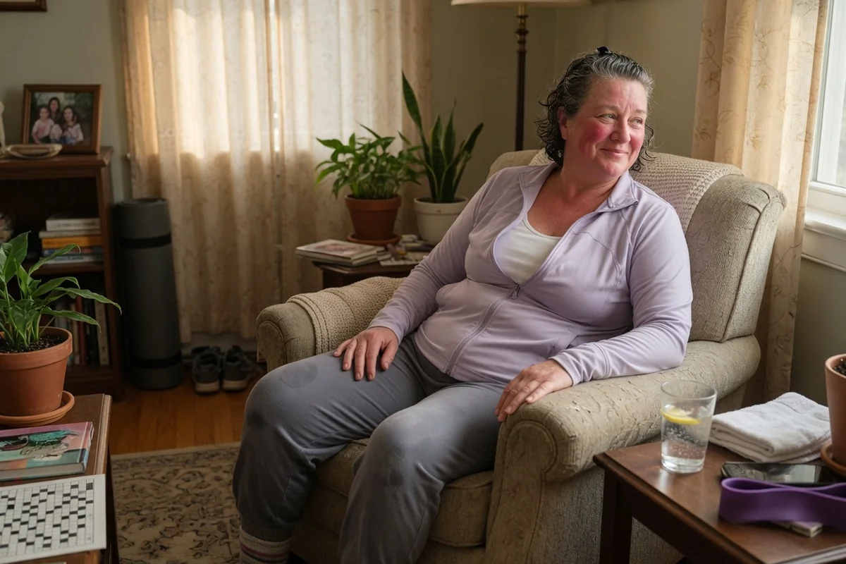 Senior woman relaxing comfortably in an armchair after a chair exercise session at home