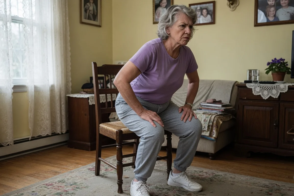 Senior woman doing a seated chair exercise in her living room, hands on knees for support