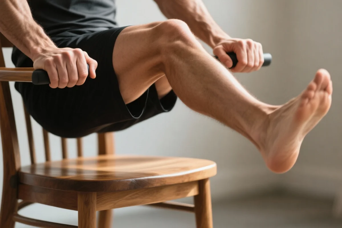 Close-up of a senior performing a seated knee extension exercise using a chair