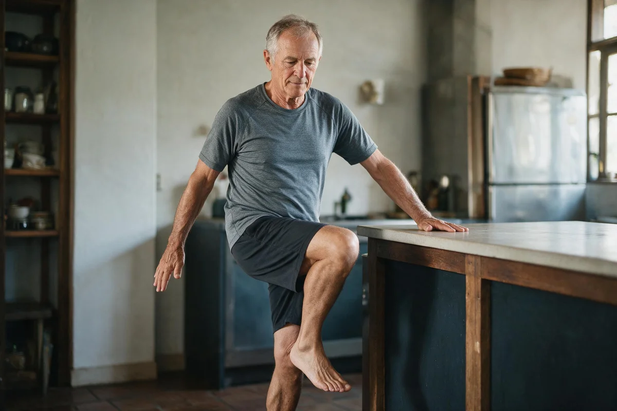 Senior man practicing a balance exercise near a chair