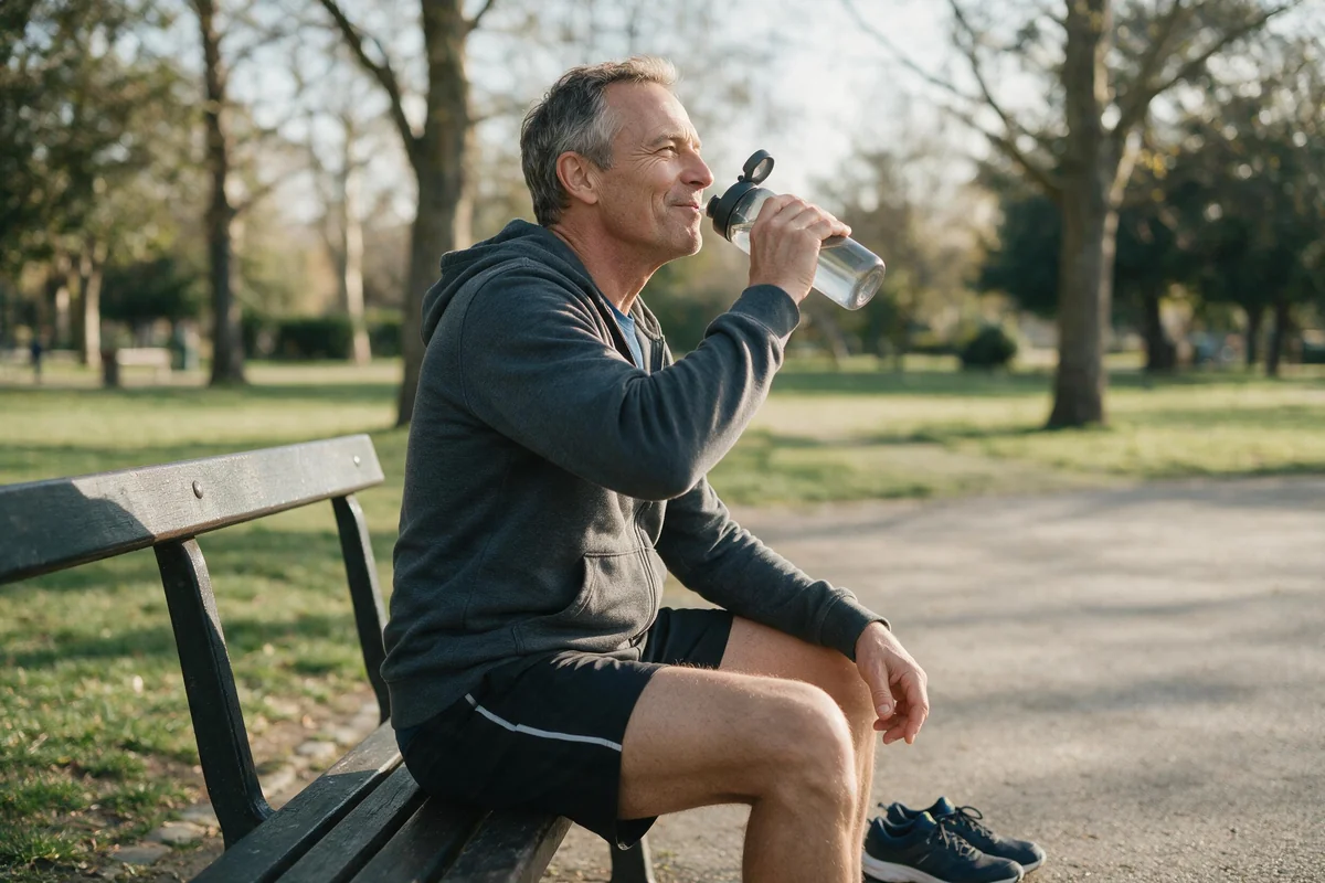Active senior man resting on a park bench and drinking water after exercising outdoors