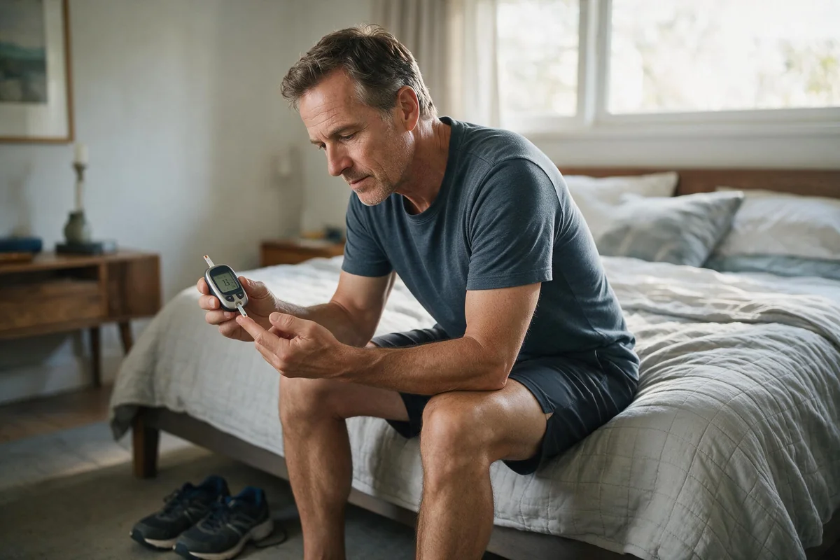Senior man checking his blood glucose meter while sitting on the edge of his bed before a workout