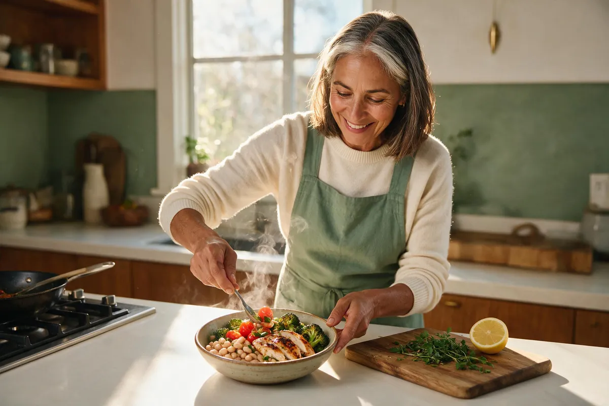 High-fiber dinner plate with beans, vegetables and lean protein for adults over 50