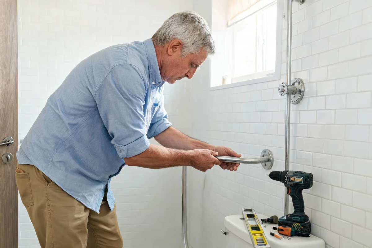Senior man checking home safety features in a hallway
