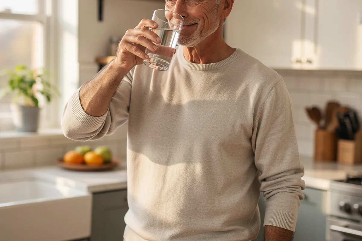 Senior drinking a glass of water at home as part of a daily hydration habit