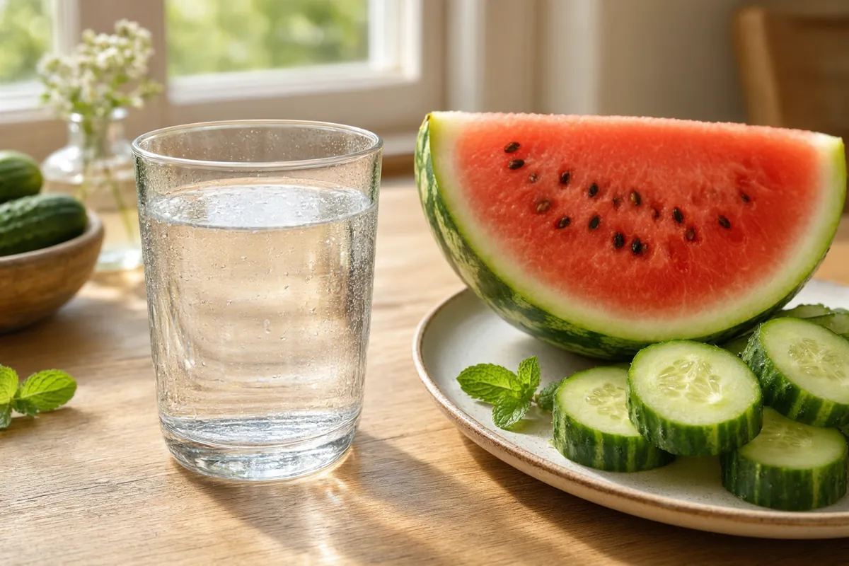 Senior drinking a glass of water at home as part of a daily hydration habit - supporting image