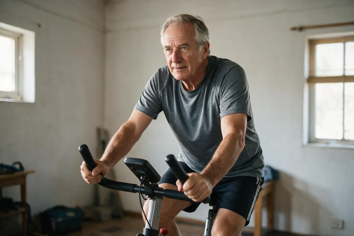 Active senior doing low-impact cardio exercise, walking outdoors with good form