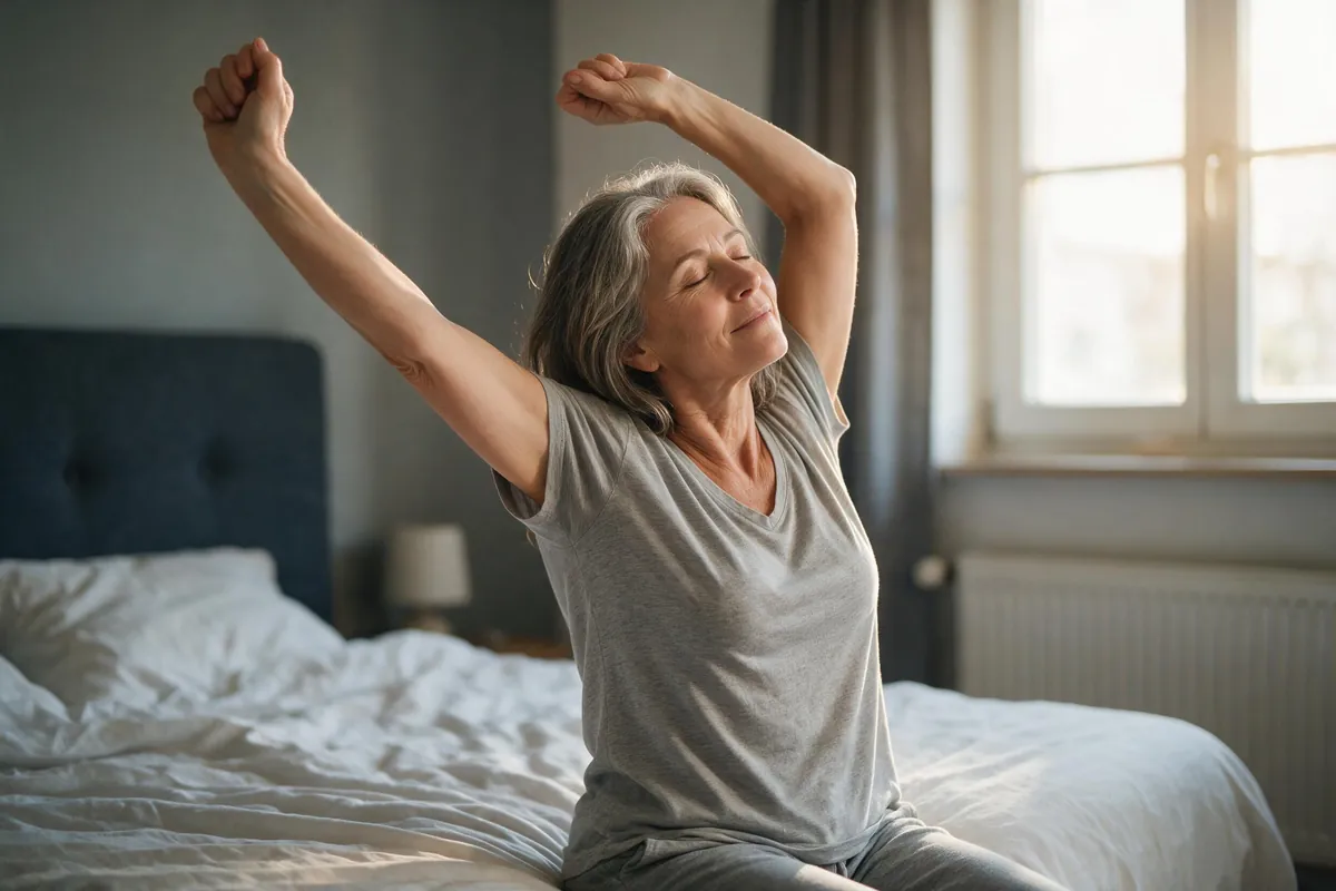 Senior stretching gently in bed before getting up to ease morning joint stiffness