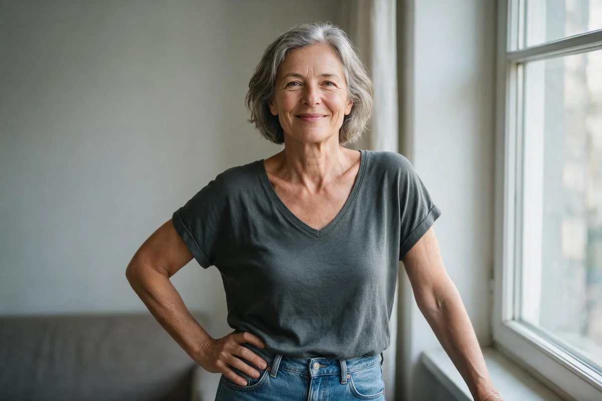 Confident senior woman standing tall with good posture, smiling by a window