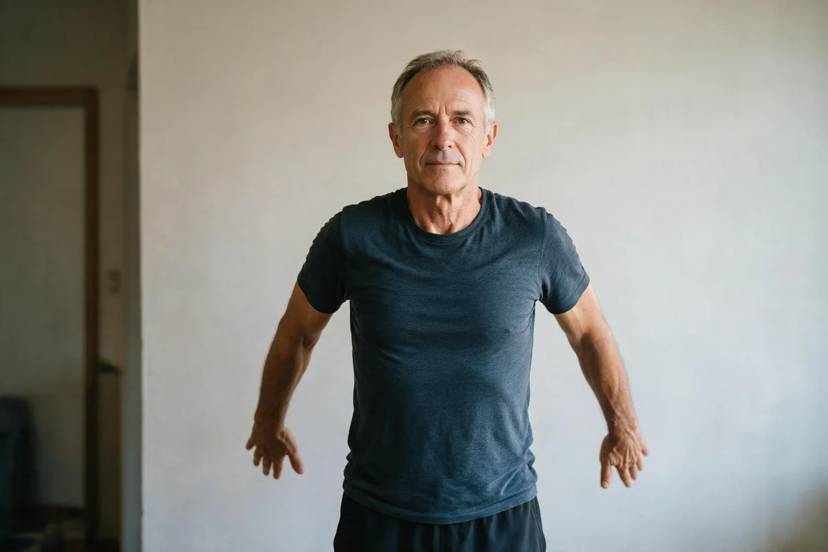Senior man practicing a Wall Angel posture exercise standing in his living room