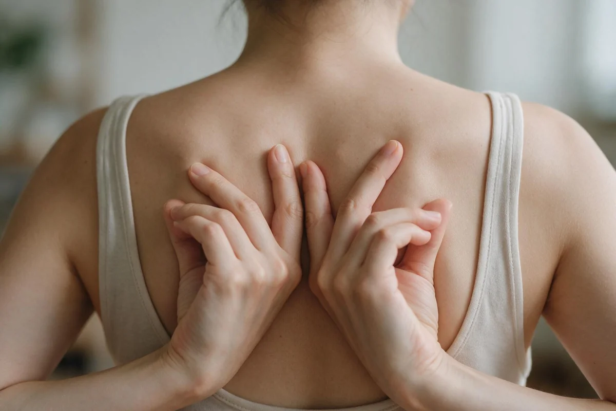 Close-up of a woman doing a shoulder blade squeeze exercise to improve posture