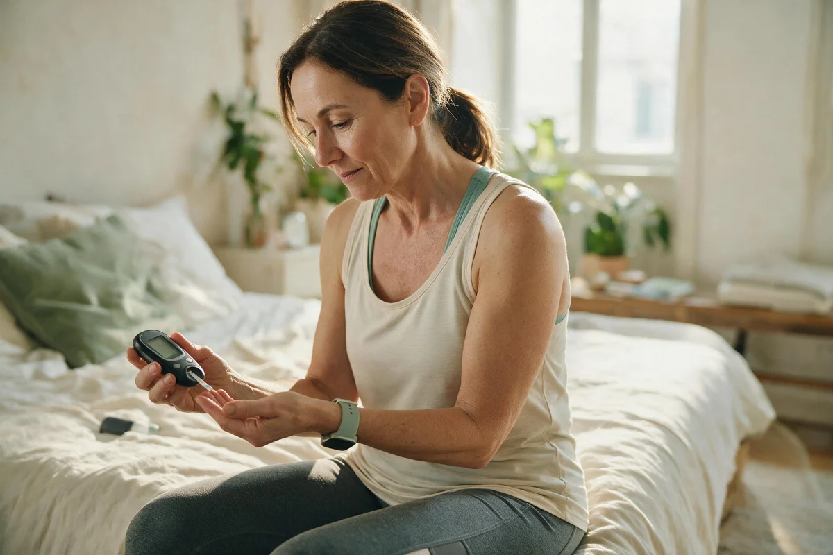 Woman over 50 checking her blood glucose meter before exercising at home