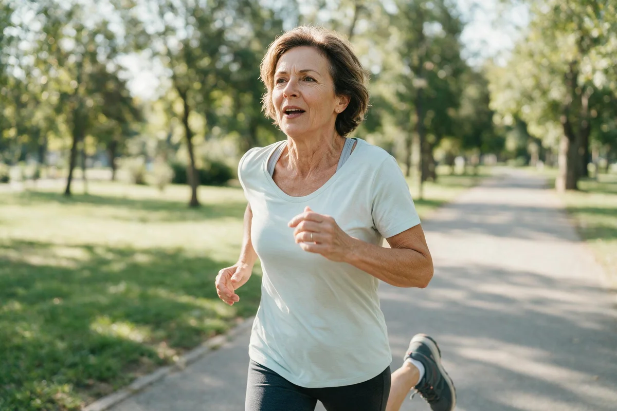 Woman over 50 jogging outdoors in a park as part of a safe diabetes exercise routine
