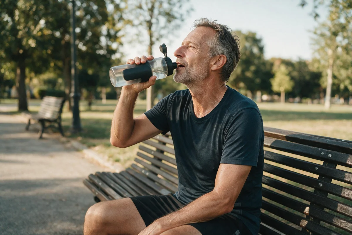 Man over 50 resting on a park bench and drinking water after exercising safely