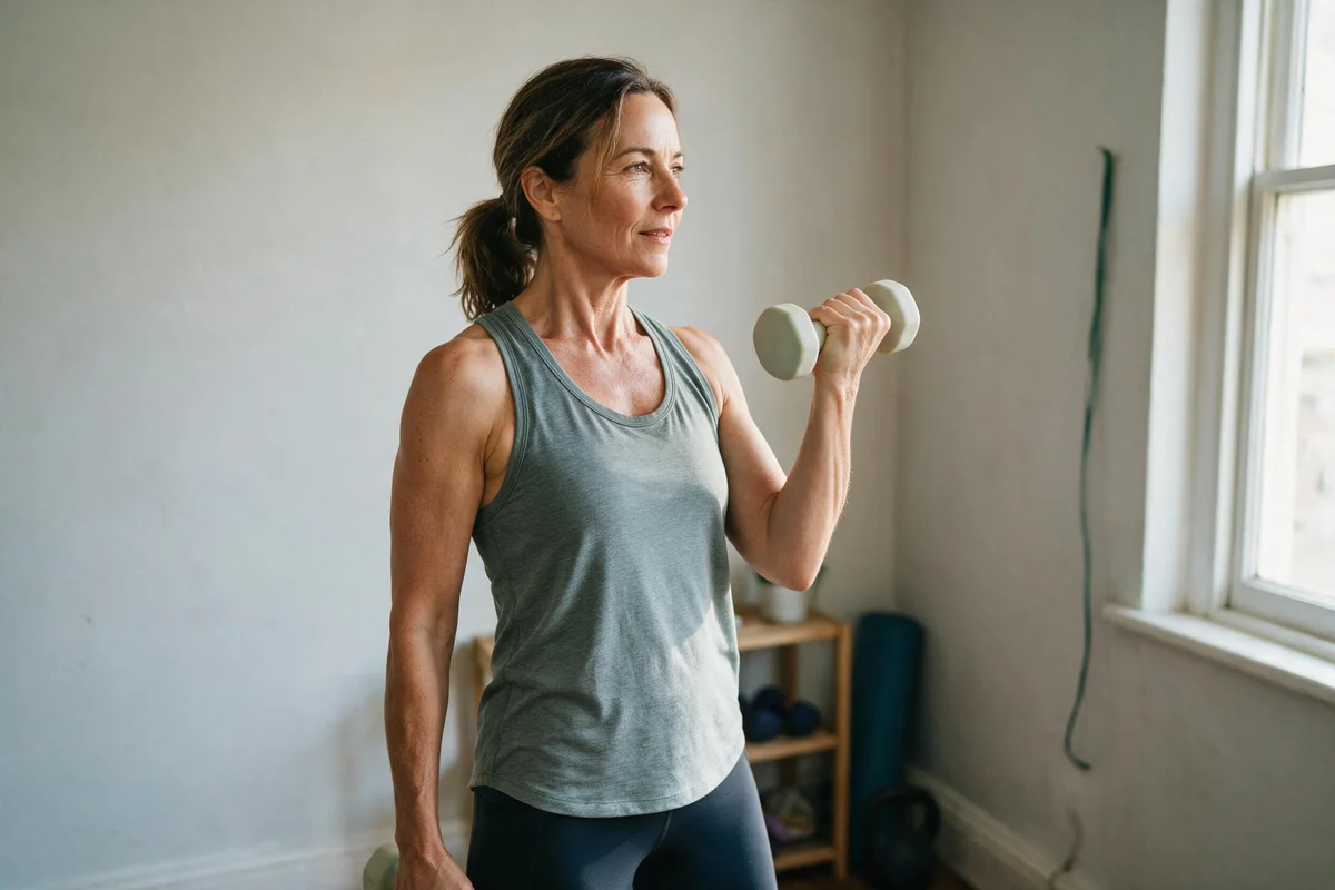 Woman over 50 doing strength training with dumbbells