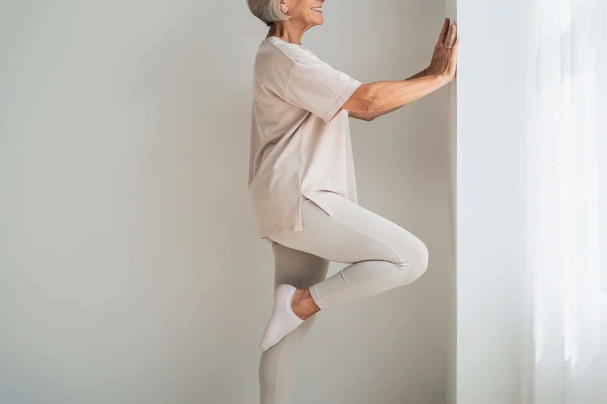 Senior woman doing a gentle stretching routine at home