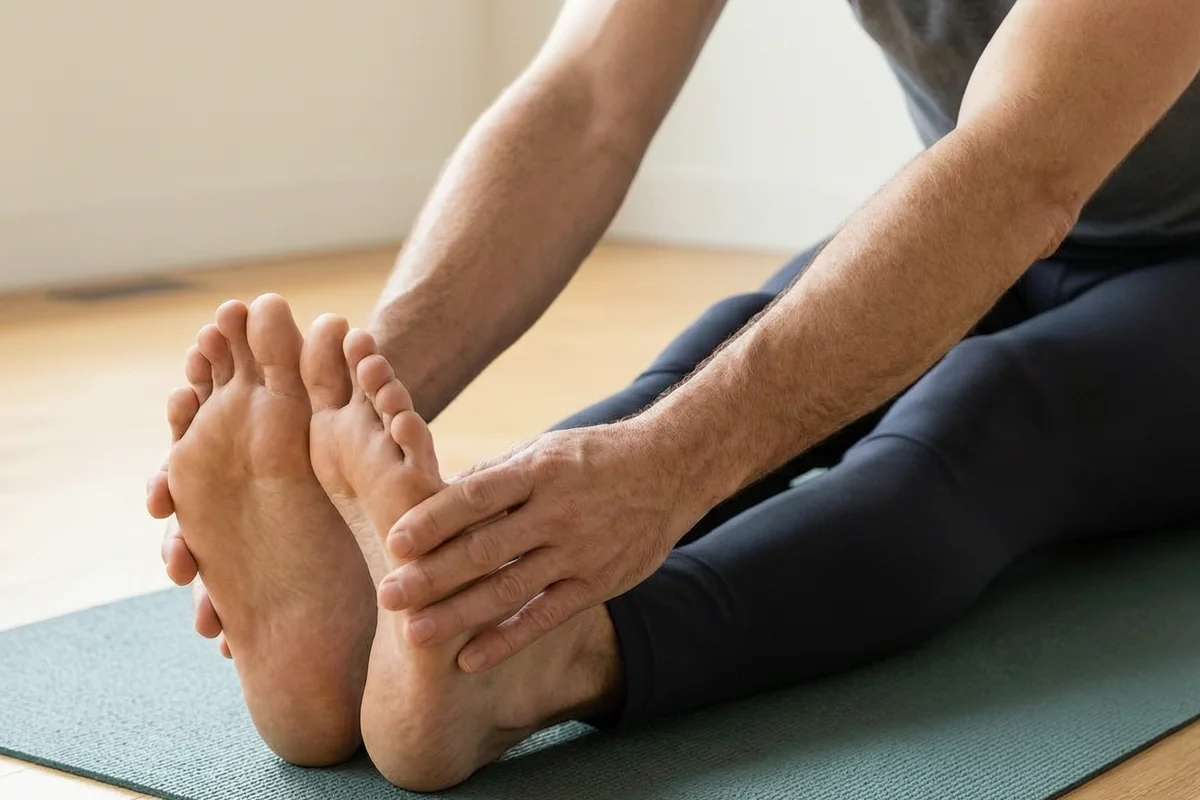 Senior man stretching his hip flexors with chair support