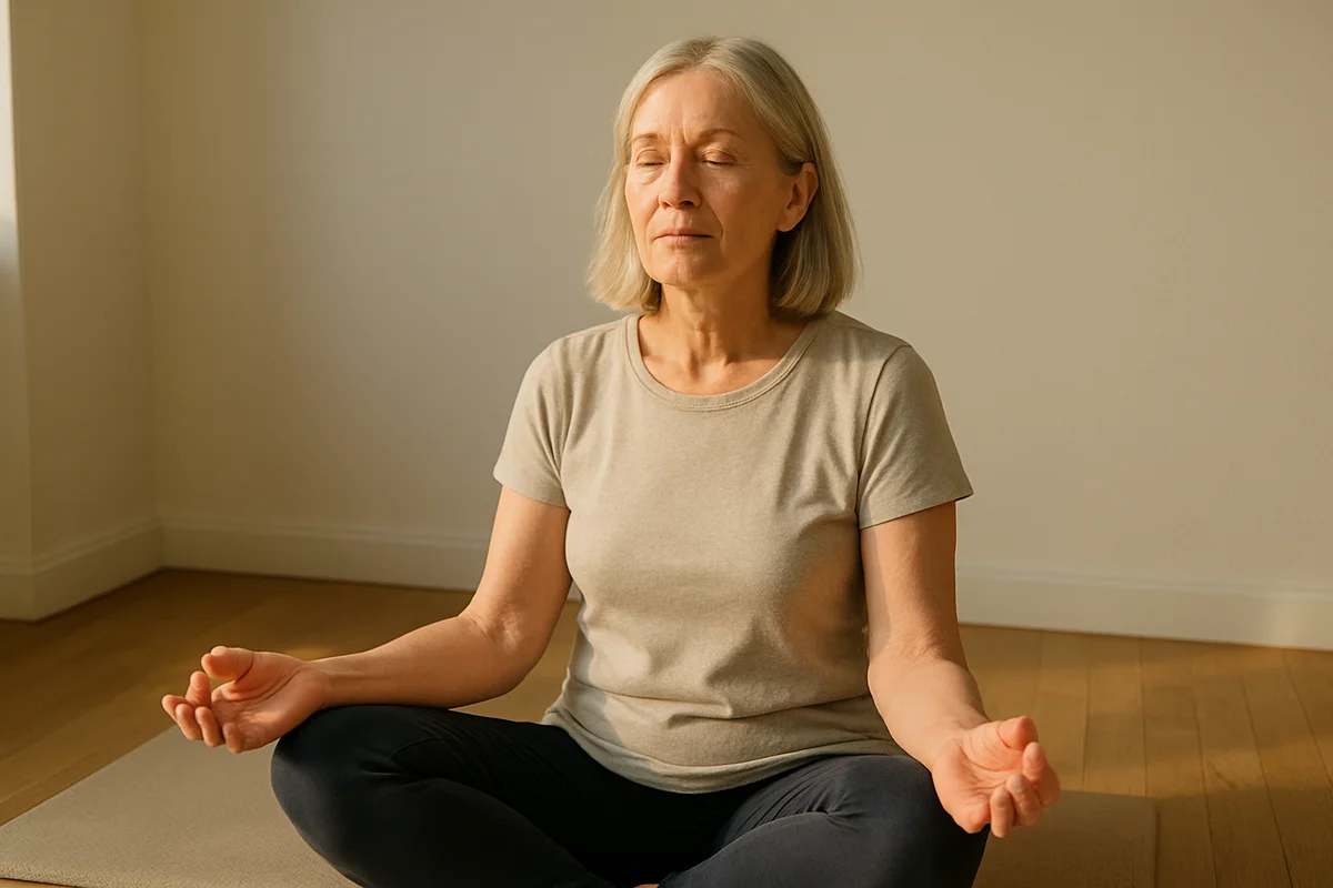 Senior woman smiling after a stretching session at home