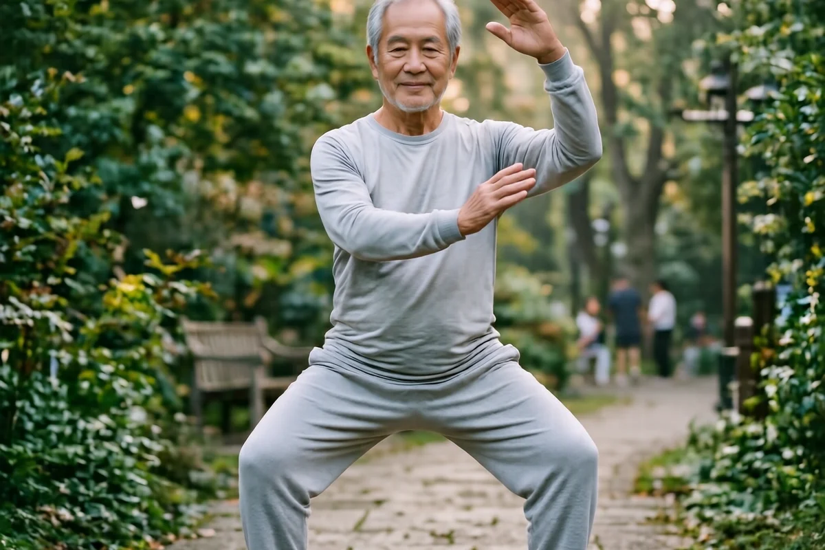 Senior man practicing tai chi for balance outdoors