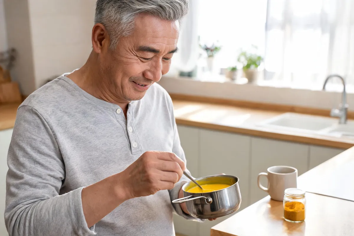 Turmeric root and powder with black pepper on a kitchen counter
