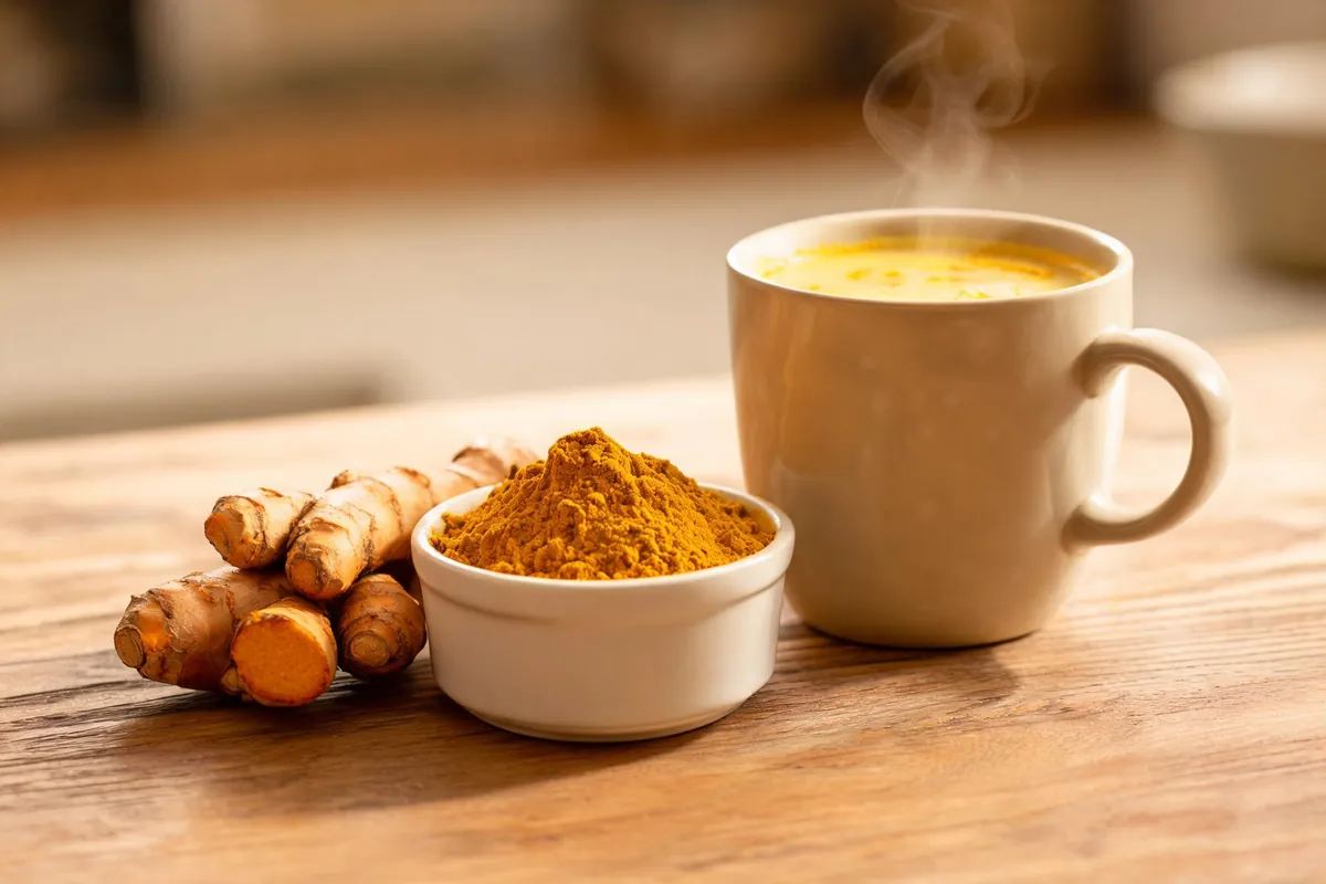 Turmeric root and powder with black pepper on a kitchen counter - supporting image