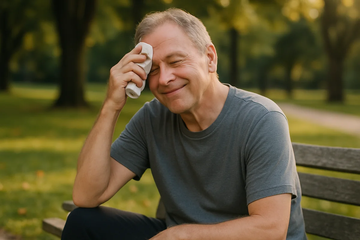 Senior man smiling and cooling off with a towel on a park bench after a satisfying walk