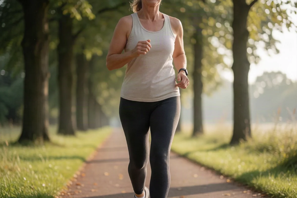 Senior woman walking briskly outdoors on a tree-lined path for exercise