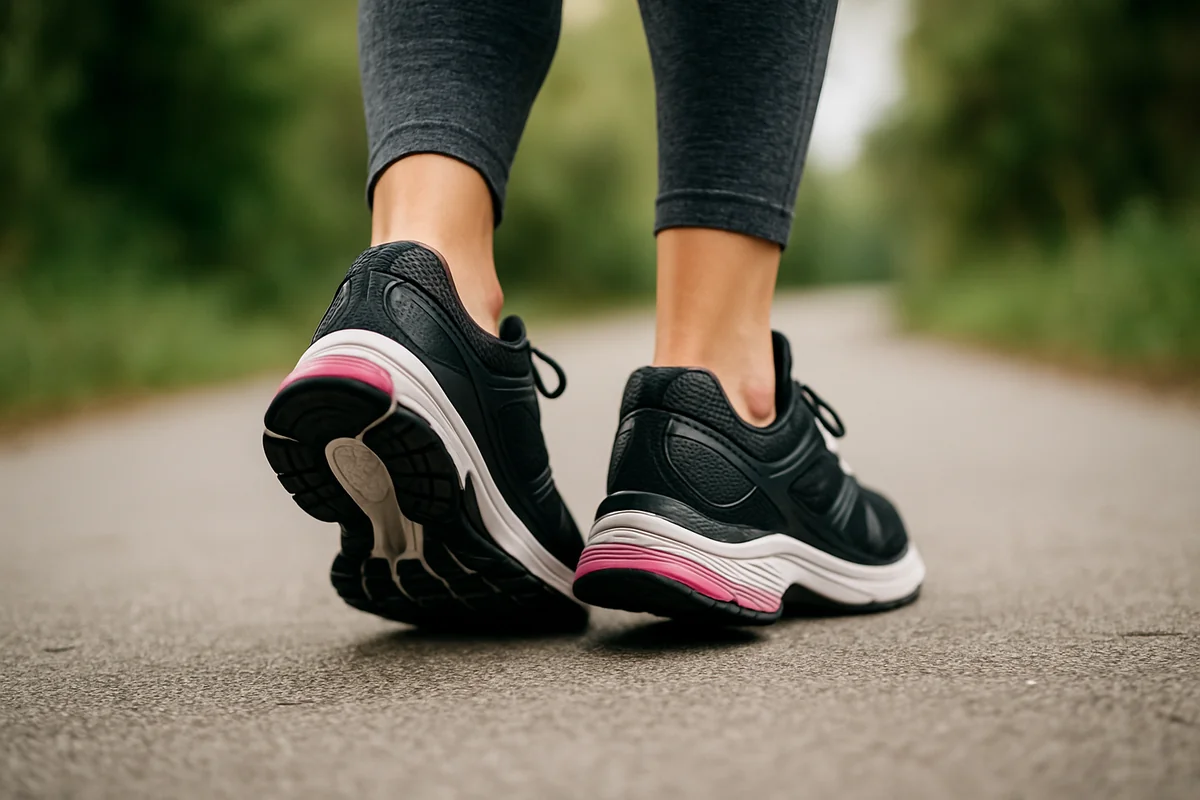 Close-up of supportive walking shoes on a senior's feet during an outdoor walk