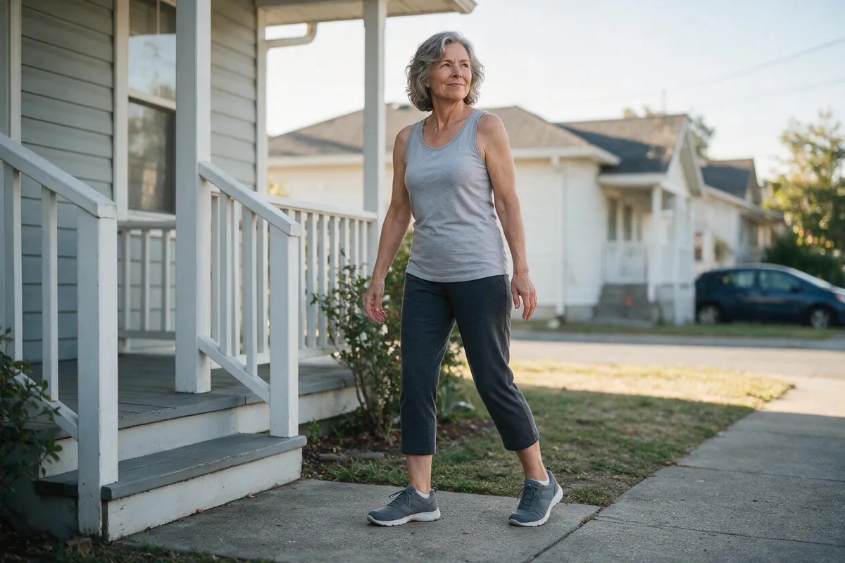 Beginner senior walker in supportive shoes starting a walking program outdoors
