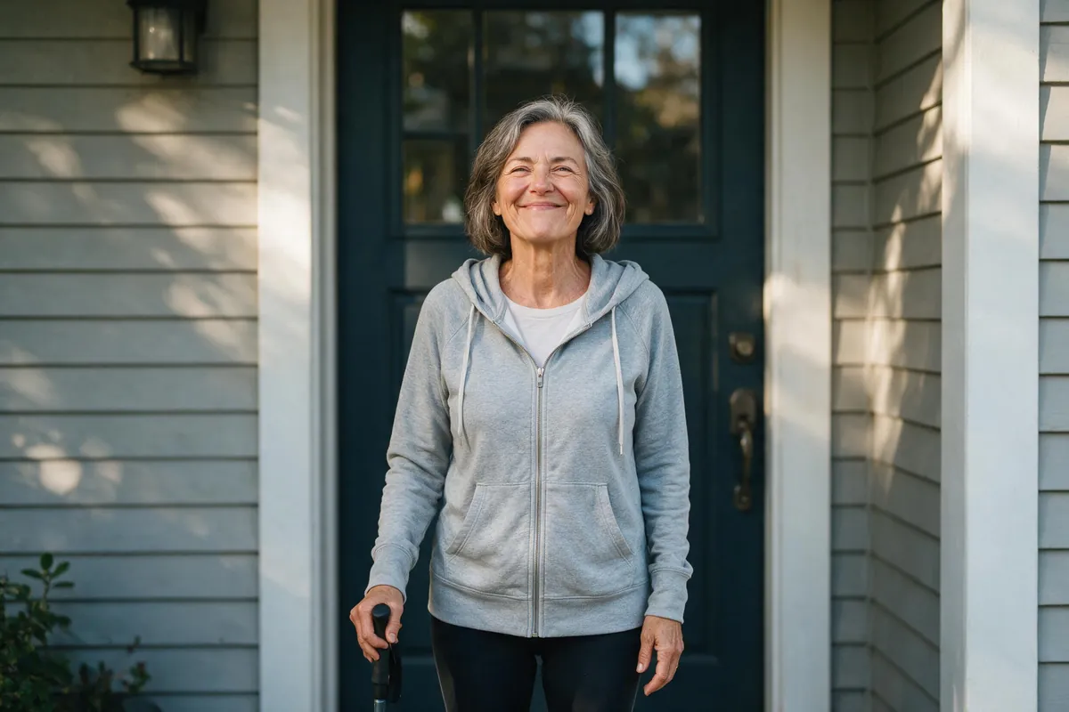Beginner senior walker in supportive shoes starting a walking program outdoors - summary image